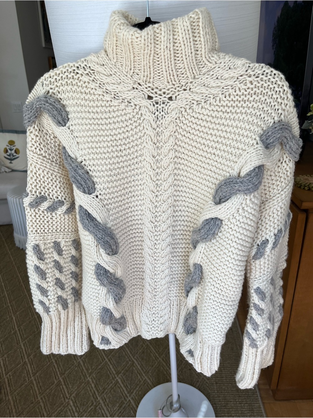 Chunky Cream Turtleneck Sweater with Gray Cable Accents